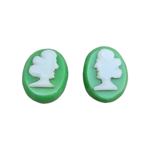 unknown Jewelry - Vintage Cameo Earrings Gold Clip On Green & White Resin Renaissance Head Female